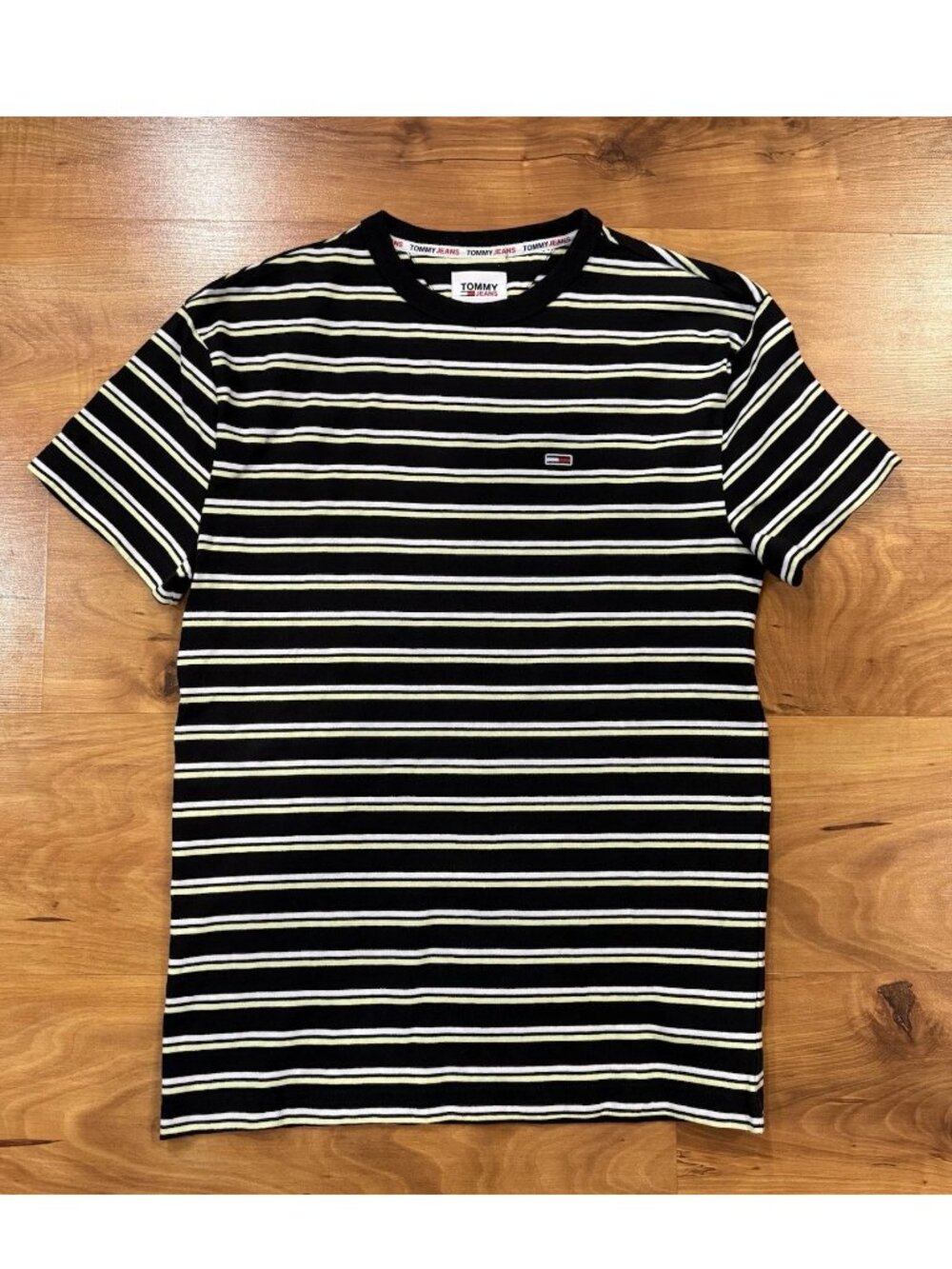 Tommy Hilfiger T-Shirt Mens Small Yellow White Black Stripe Cotton Retro Y2K